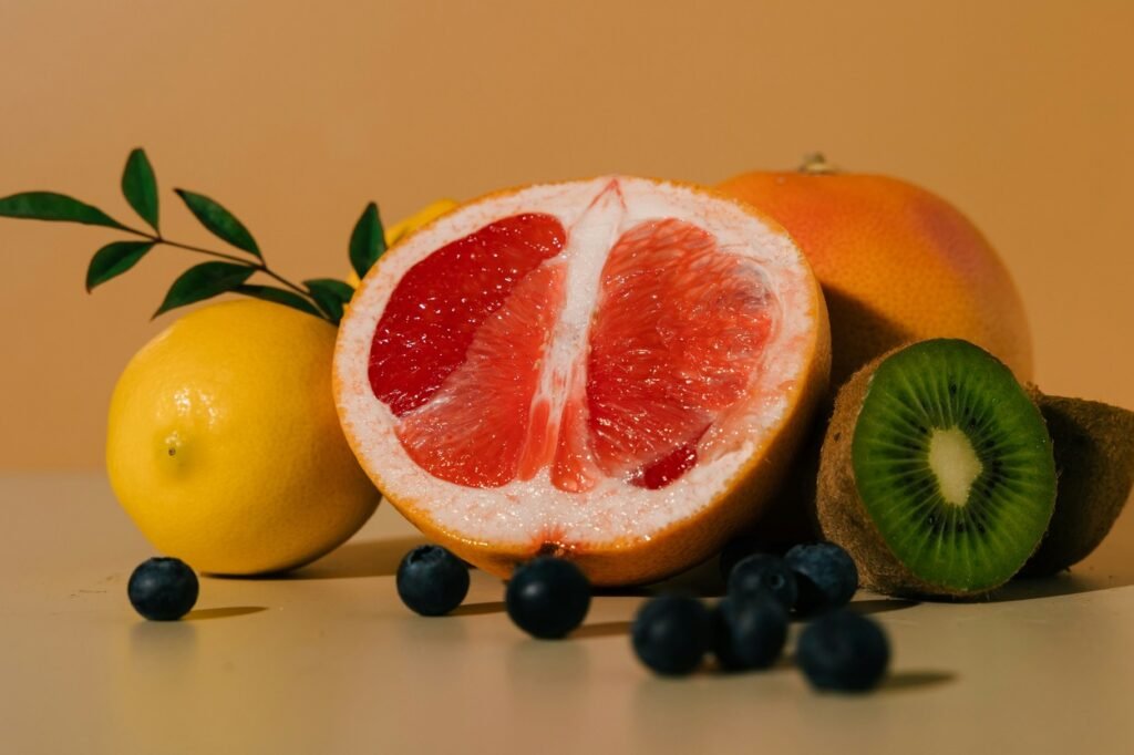 Different colorful fruit on a table.