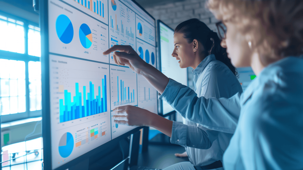 Two women discussing statics' data.