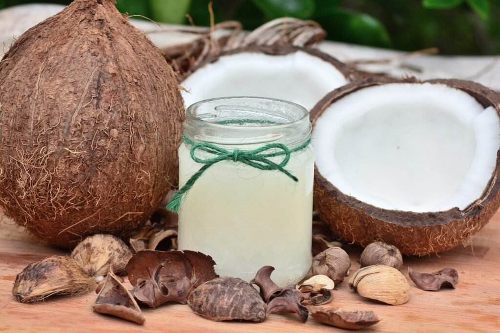 Coconut and coconut water in a glass.